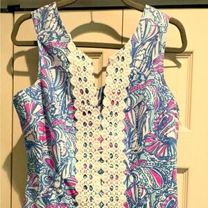 Lilly Pulitzer Blue and Pink Patterned Dress with White Lace